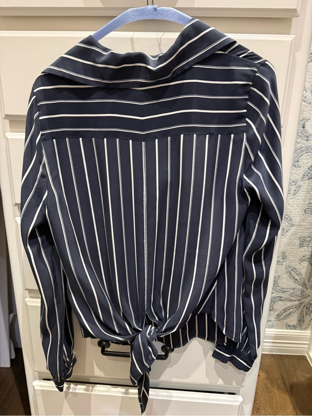 Frame Denim Navy and White Vertical-Stripe Tie-Hem Blouse - Picture 3 of 3